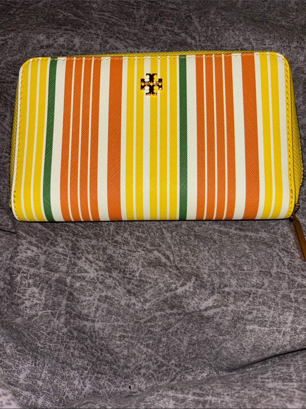 Tory Burch Yellow Orange Green Stripe Zip Wallet